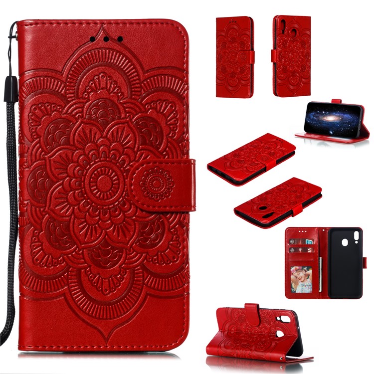 For Samsung Galaxy M20 Imprint Mandala Flower Leather Wallet Case Phone Cover - Red-1