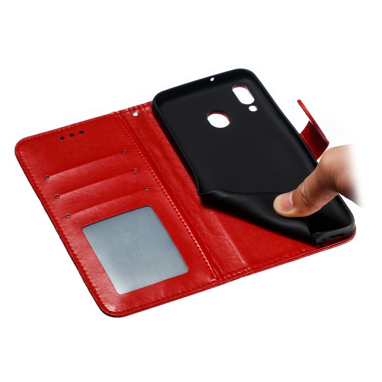 For Samsung Galaxy M20 Imprint Mandala Flower Leather Wallet Case Phone Cover - Red-10