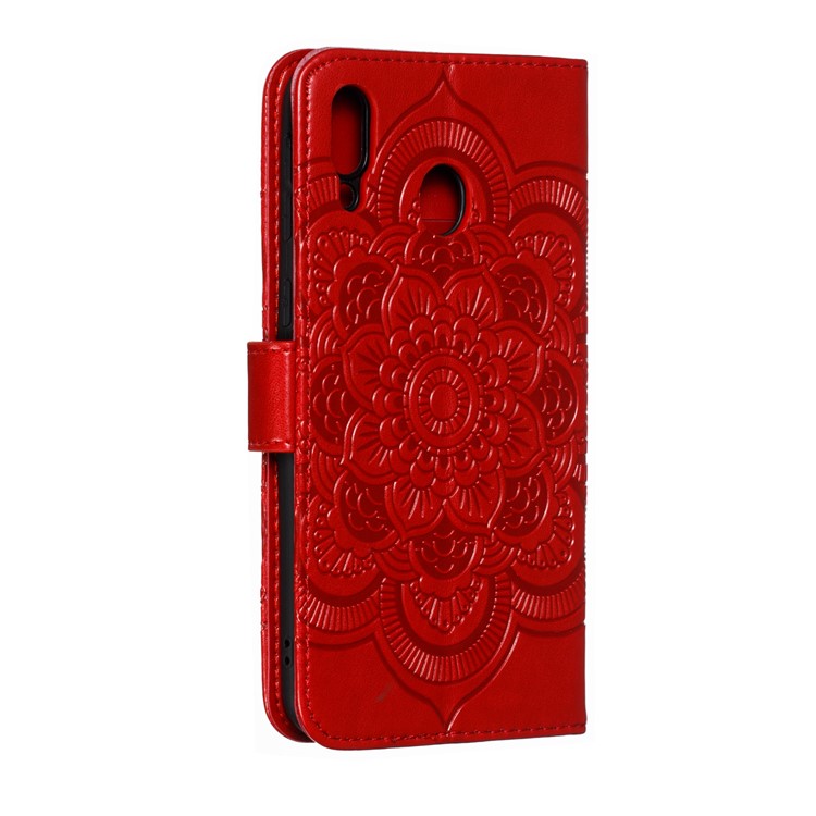 For Samsung Galaxy M20 Imprint Mandala Flower Leather Wallet Case Phone Cover - Red-4