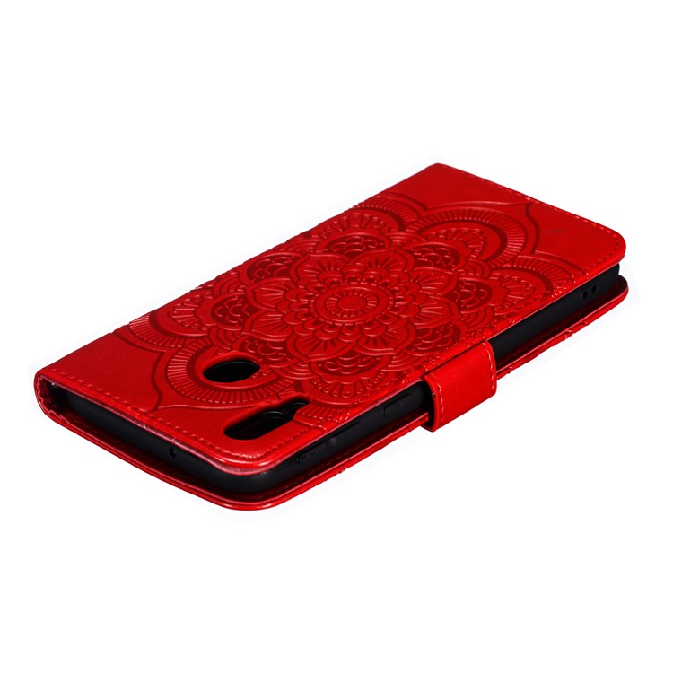 For Samsung Galaxy M20 Imprint Mandala Flower Leather Wallet Case Phone Cover - Red-6