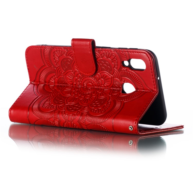 For Samsung Galaxy M20 Imprint Mandala Flower Leather Wallet Case Phone Cover - Red-7