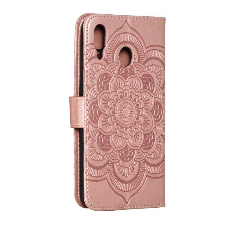 For Samsung Galaxy M20 Imprint Mandala Flower Leather Wallet Case Phone Cover - Rose Gold-4