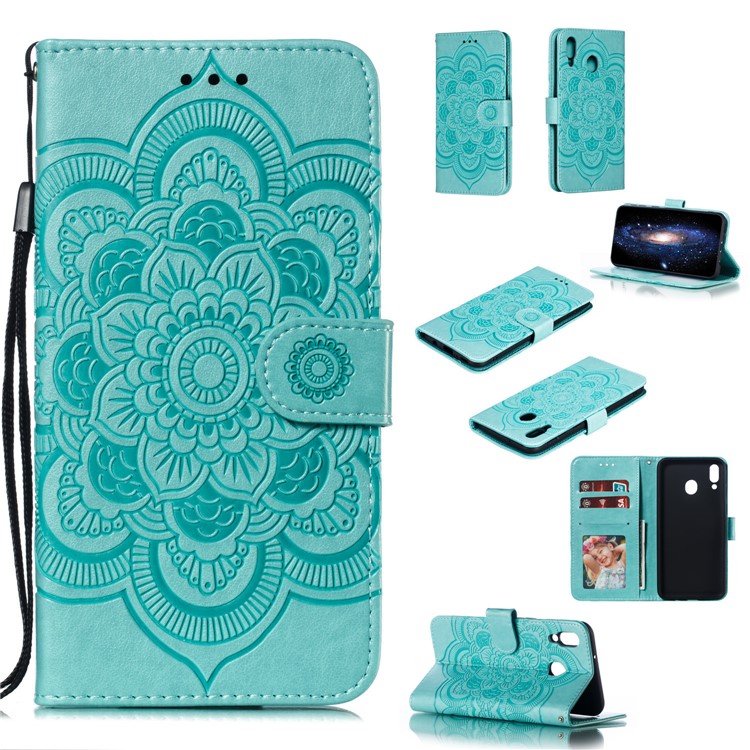 For Samsung Galaxy M20 Imprint Mandala Flower Leather Wallet Case Phone Cover - Green-1
