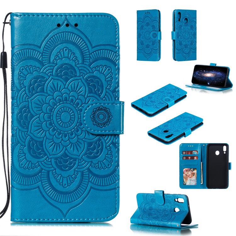 For Samsung Galaxy M20 Imprint Mandala Flower Leather Wallet Case Phone Cover - Blue-1