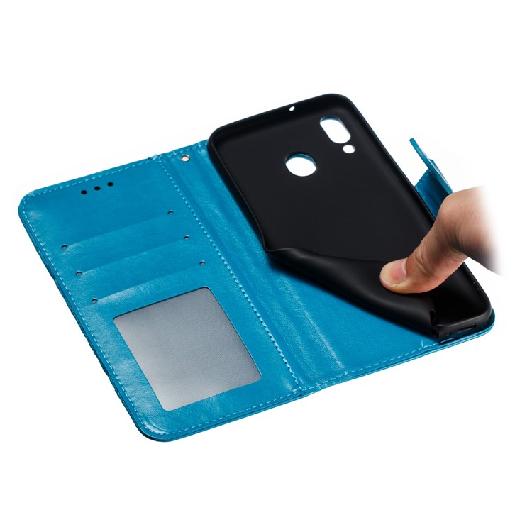 For Samsung Galaxy M20 Imprint Mandala Flower Leather Wallet Case Phone Cover - Blue-10