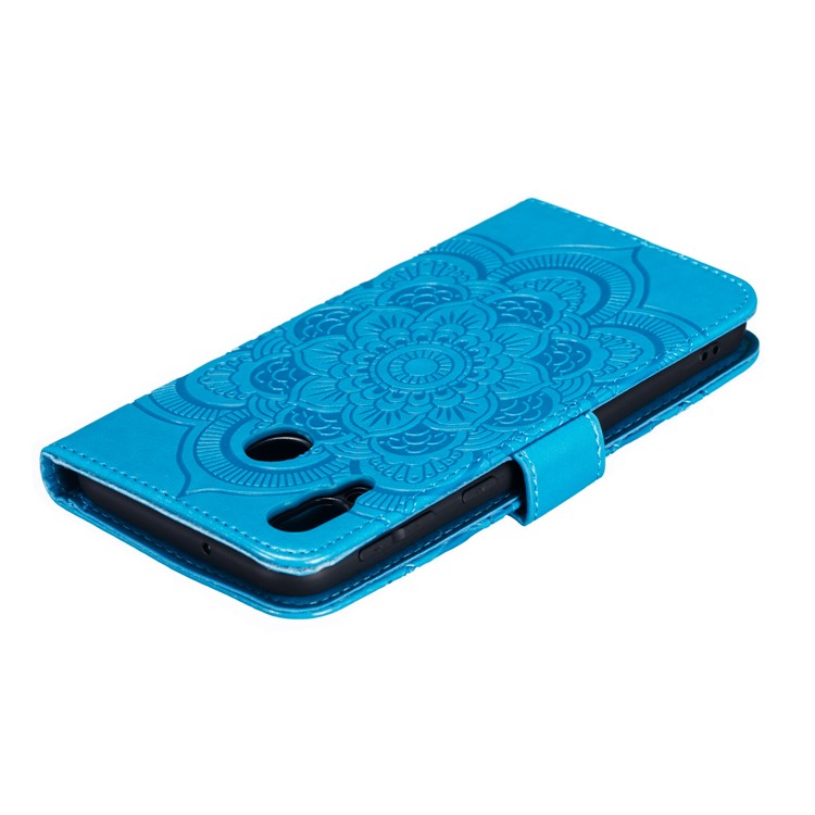 For Samsung Galaxy M20 Imprint Mandala Flower Leather Wallet Case Phone Cover - Blue-6