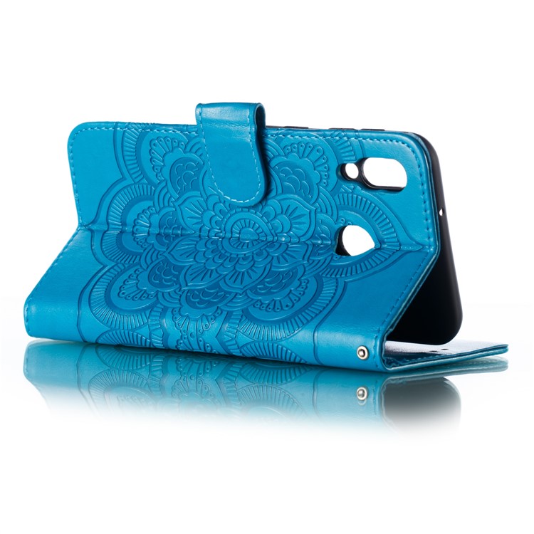 For Samsung Galaxy M20 Imprint Mandala Flower Leather Wallet Case Phone Cover - Blue-7