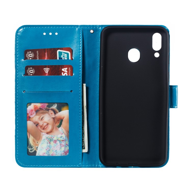 For Samsung Galaxy M20 Imprint Mandala Flower Leather Wallet Case Phone Cover - Blue-9