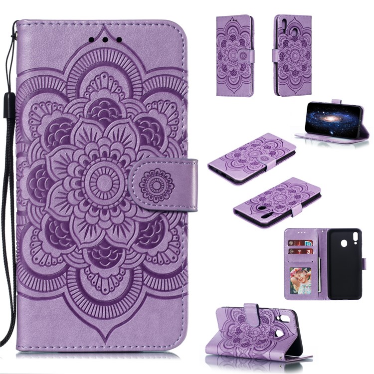 For Samsung Galaxy M20 Imprint Mandala Flower Leather Wallet Case Phone Cover - Purple-1
