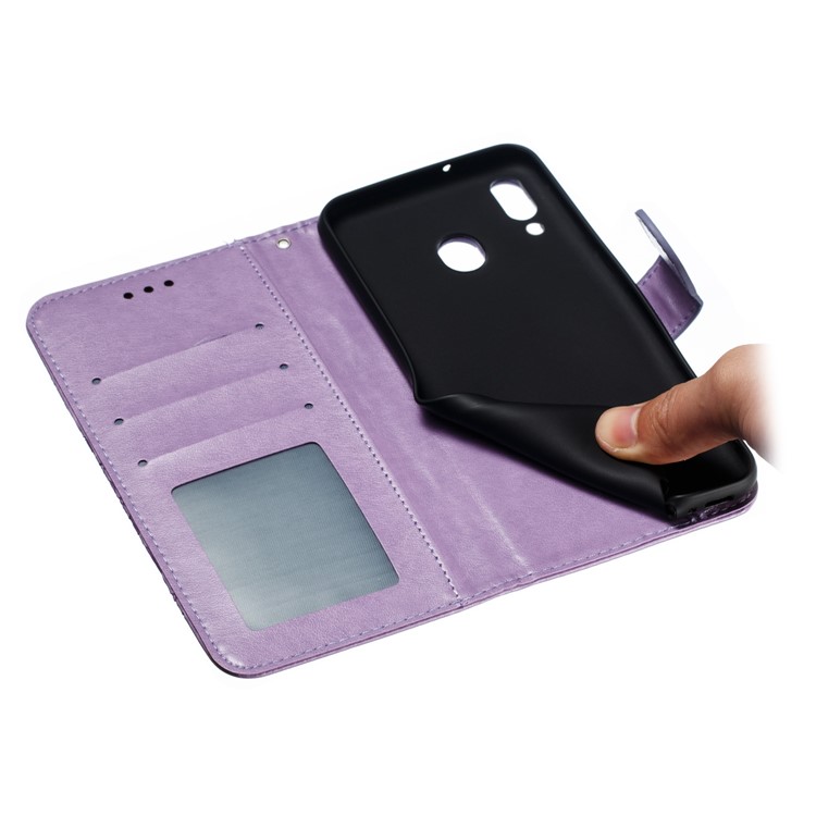 For Samsung Galaxy M20 Imprint Mandala Flower Leather Wallet Case Phone Cover - Purple-10