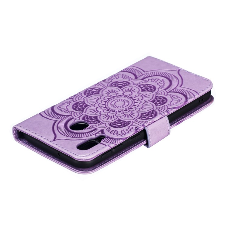 For Samsung Galaxy M20 Imprint Mandala Flower Leather Wallet Case Phone Cover - Purple-6