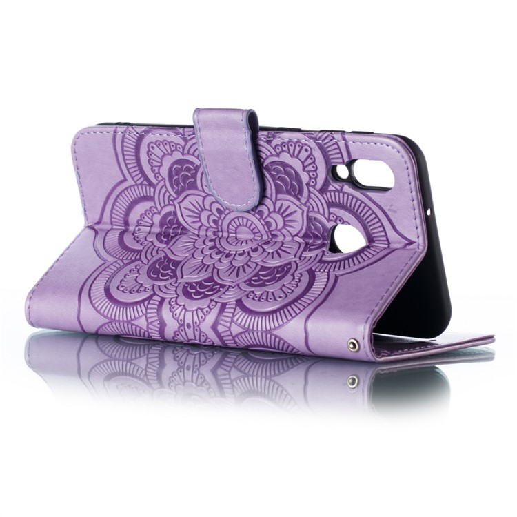 For Samsung Galaxy M20 Imprint Mandala Flower Leather Wallet Case Phone Cover - Purple-7