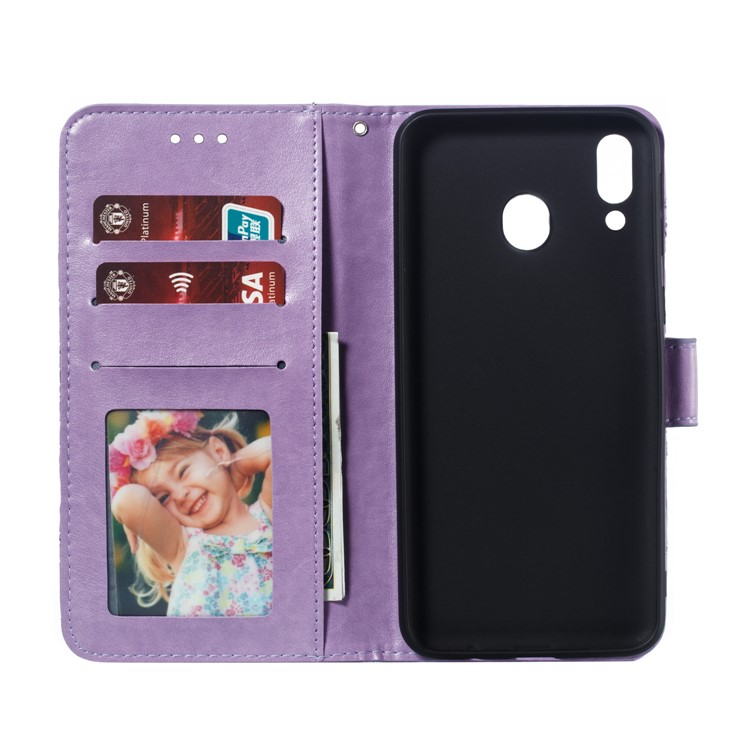 For Samsung Galaxy M20 Imprint Mandala Flower Leather Wallet Case Phone Cover - Purple-9