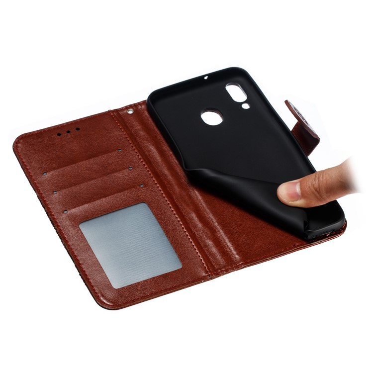 For Samsung Galaxy M20 Imprint Mandala Flower Leather Wallet Case Phone Cover - Brown-10