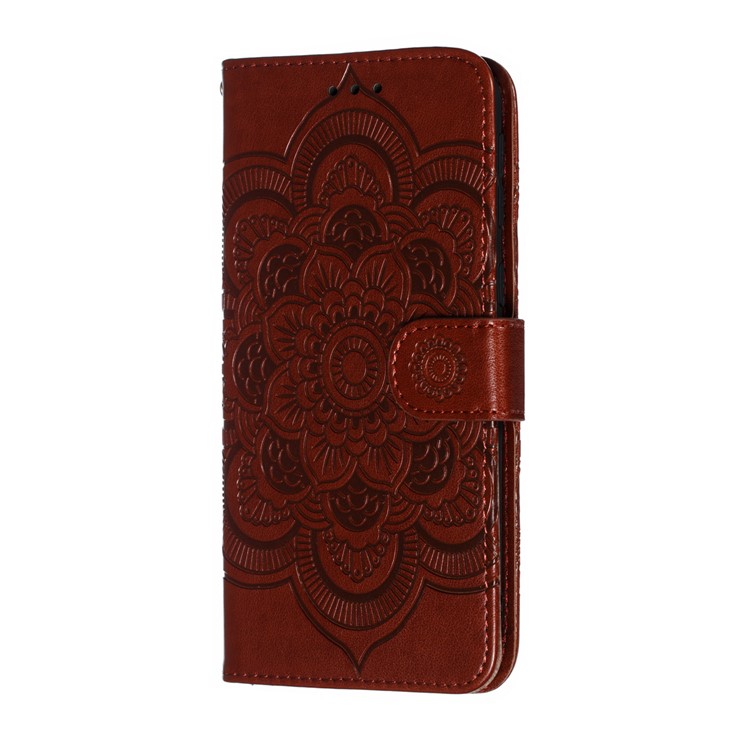 For Samsung Galaxy M20 Imprint Mandala Flower Leather Wallet Case Phone Cover - Brown-3