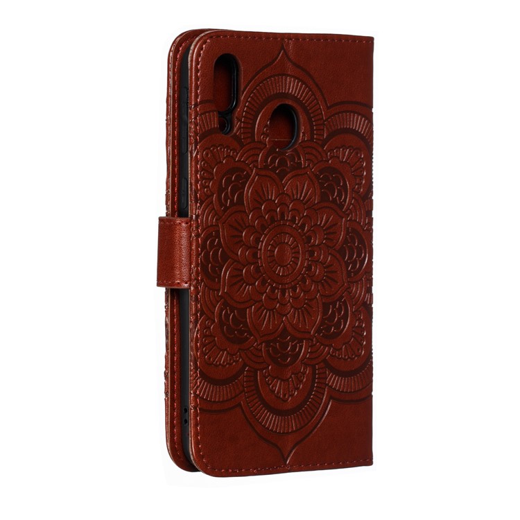 For Samsung Galaxy M20 Imprint Mandala Flower Leather Wallet Case Phone Cover - Brown-4