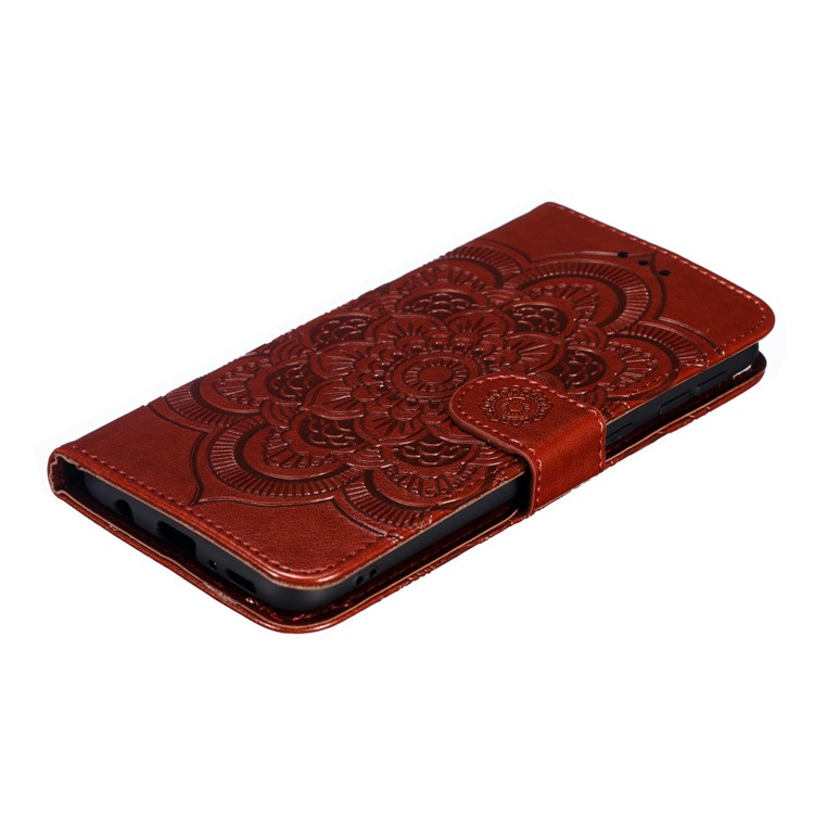 For Samsung Galaxy M20 Imprint Mandala Flower Leather Wallet Case Phone Cover - Brown-5