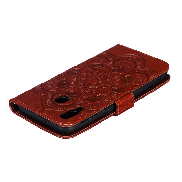 For Samsung Galaxy M20 Imprint Mandala Flower Leather Wallet Case Phone Cover - Brown-6