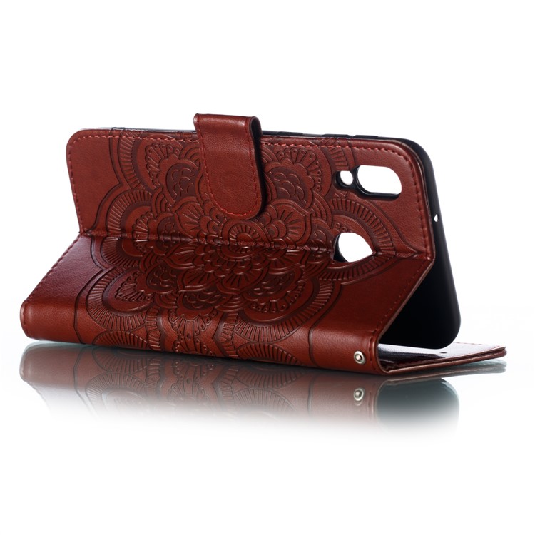 For Samsung Galaxy M20 Imprint Mandala Flower Leather Wallet Case Phone Cover - Brown-7