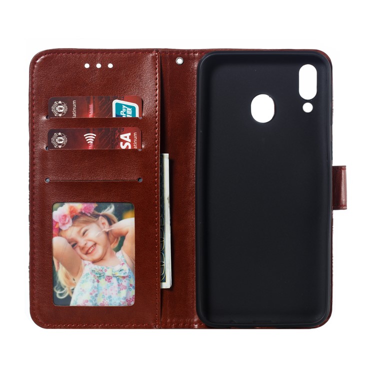 For Samsung Galaxy M20 Imprint Mandala Flower Leather Wallet Case Phone Cover - Brown-9