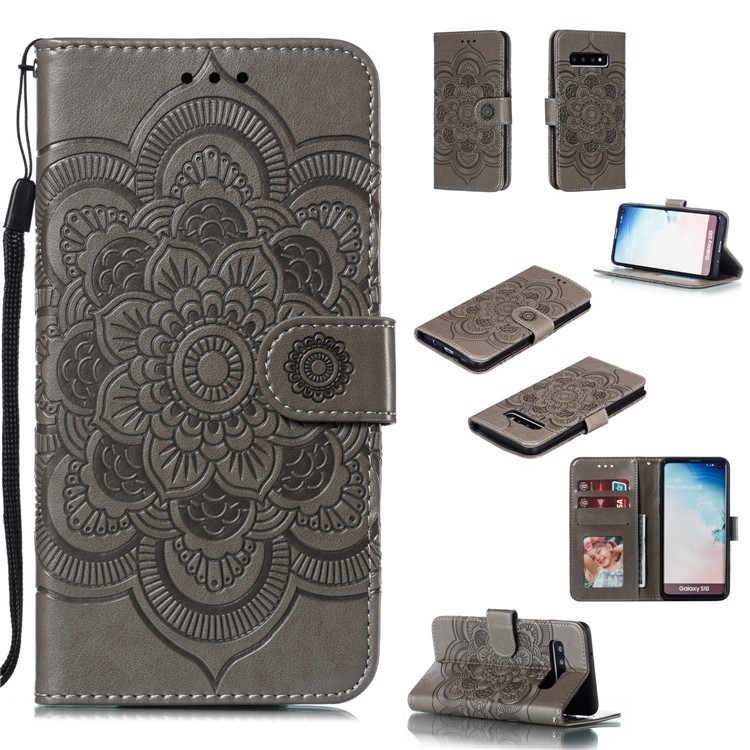 For Samsung Galaxy S10 Imprint Mandala Flower Leather Wallet Phone Case Cover - Grey-1