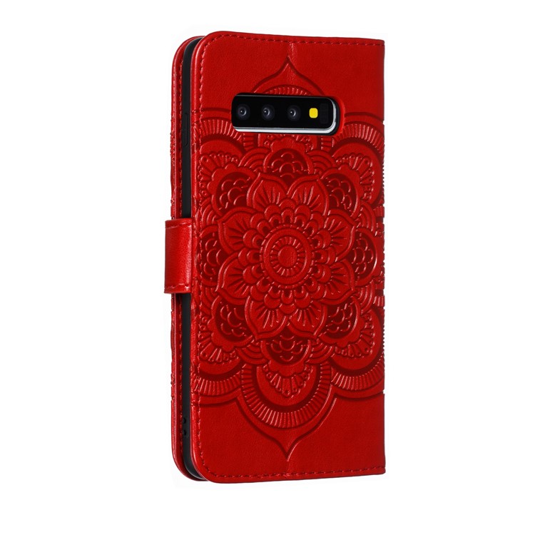 For Samsung Galaxy S10 Imprint Mandala Flower Leather Wallet Phone Case Cover - Red-4