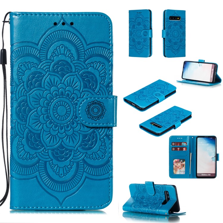 For Samsung Galaxy S10 Imprint Mandala Flower Leather Wallet Phone Case Cover - Baby Blue-1