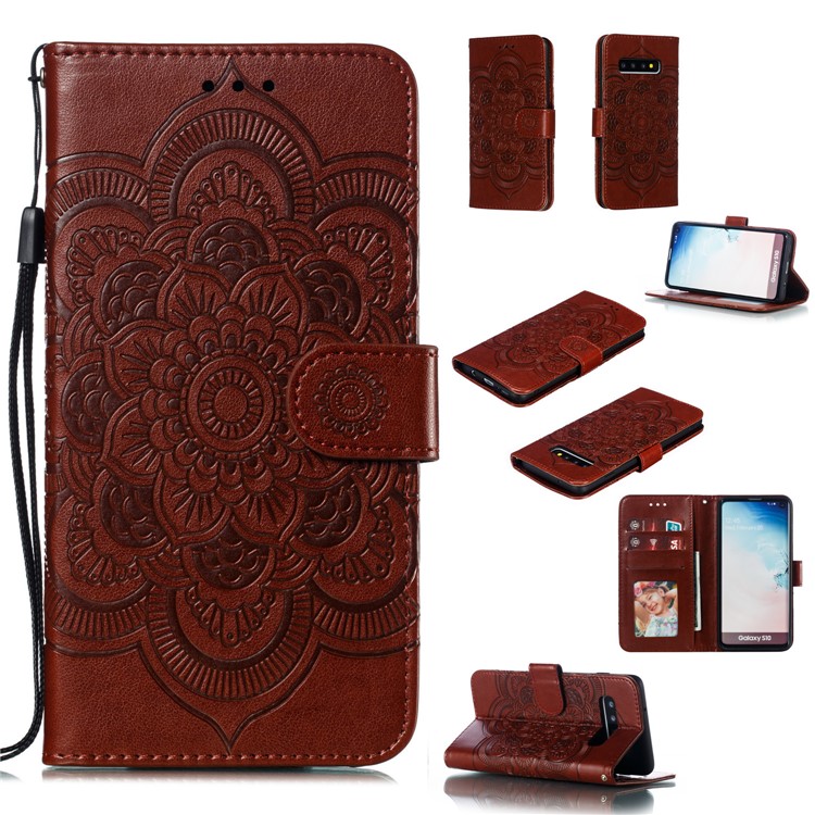 For Samsung Galaxy S10 Imprint Mandala Flower Leather Wallet Phone Case Cover - Brown-1