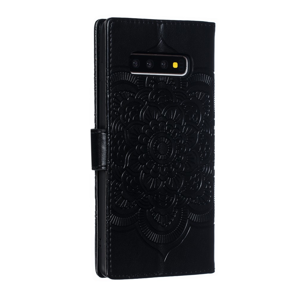 For Samsung Galaxy S10 Plus Imprint Mandala Flower Leather Wallet Case Phone Cover - Black-4