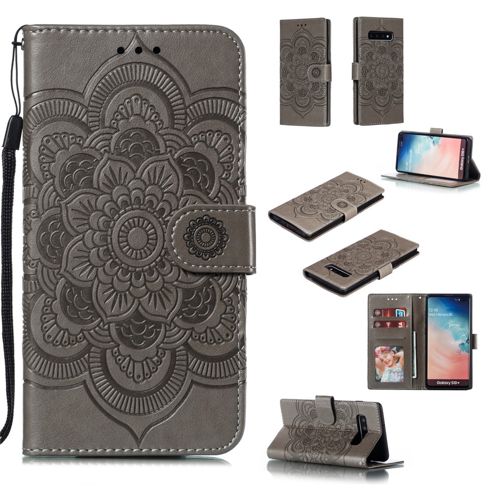 For Samsung Galaxy S10 Plus Imprint Mandala Flower Leather Wallet Case Phone Cover - Grey-1