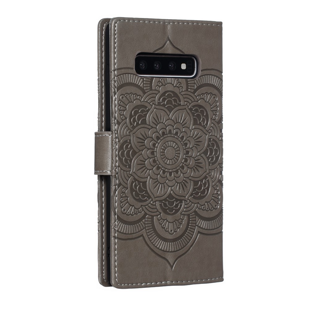 For Samsung Galaxy S10 Plus Imprint Mandala Flower Leather Wallet Case Phone Cover - Grey-4
