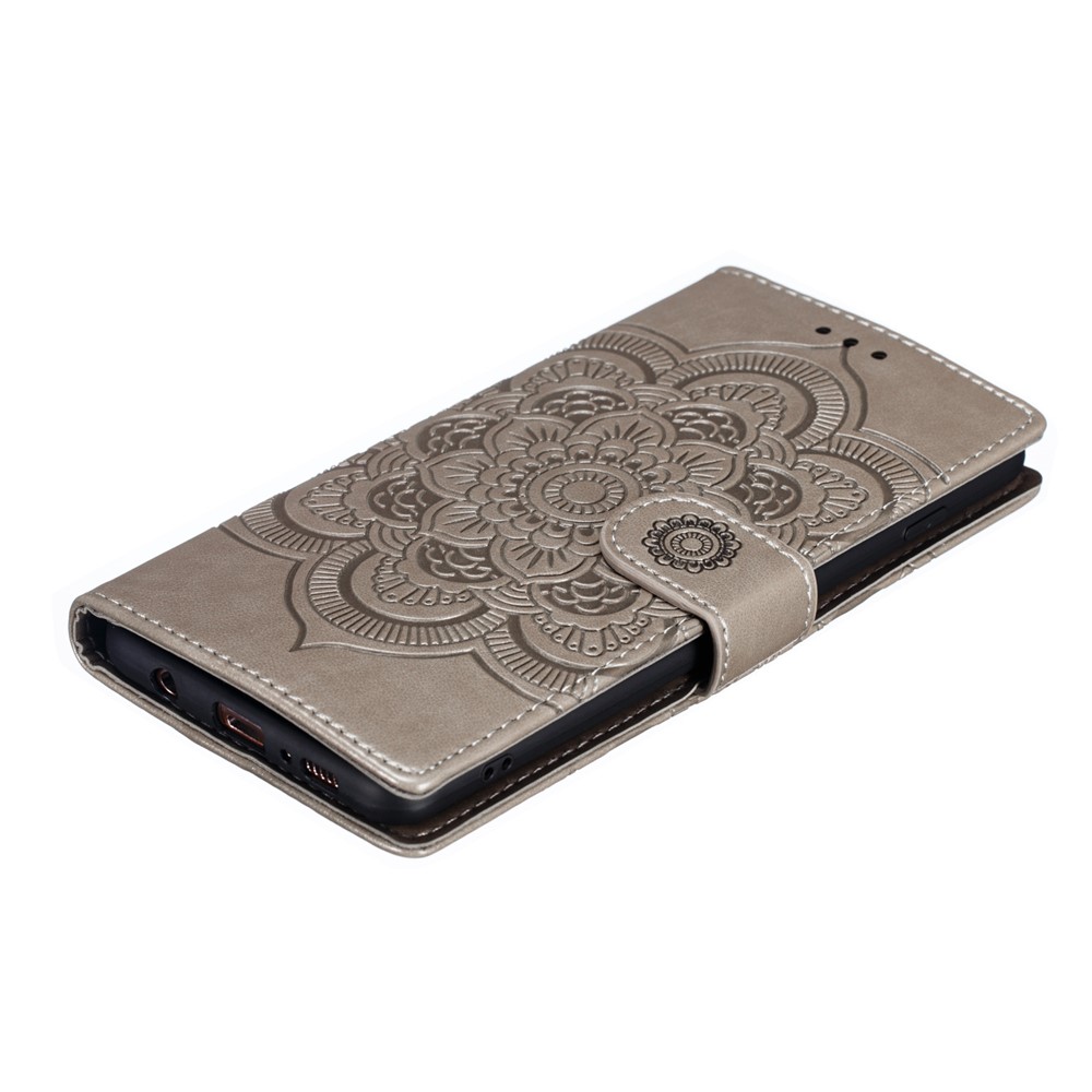 For Samsung Galaxy S10 Plus Imprint Mandala Flower Leather Wallet Case Phone Cover - Grey-5