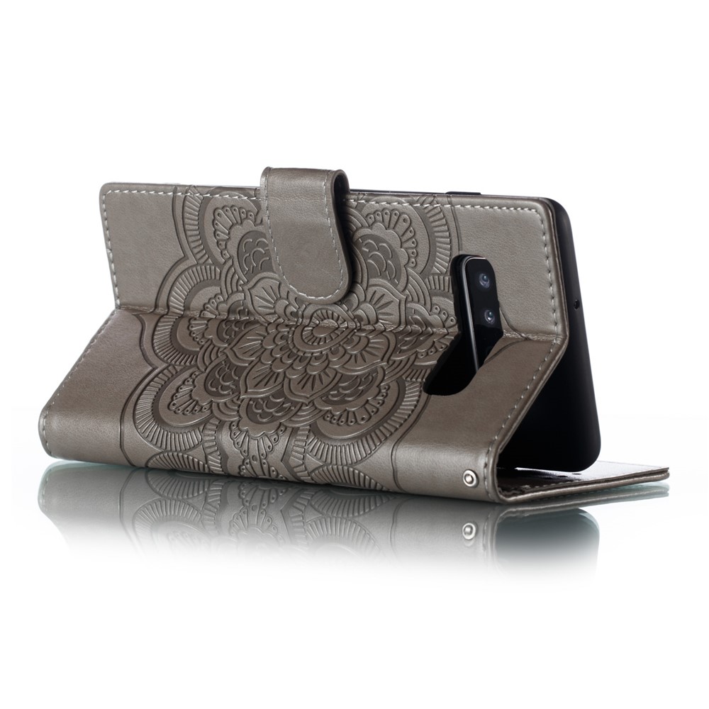 For Samsung Galaxy S10 Plus Imprint Mandala Flower Leather Wallet Case Phone Cover - Grey-7