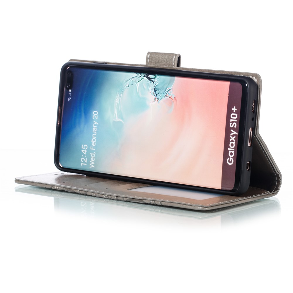For Samsung Galaxy S10 Plus Imprint Mandala Flower Leather Wallet Case Phone Cover - Grey-8