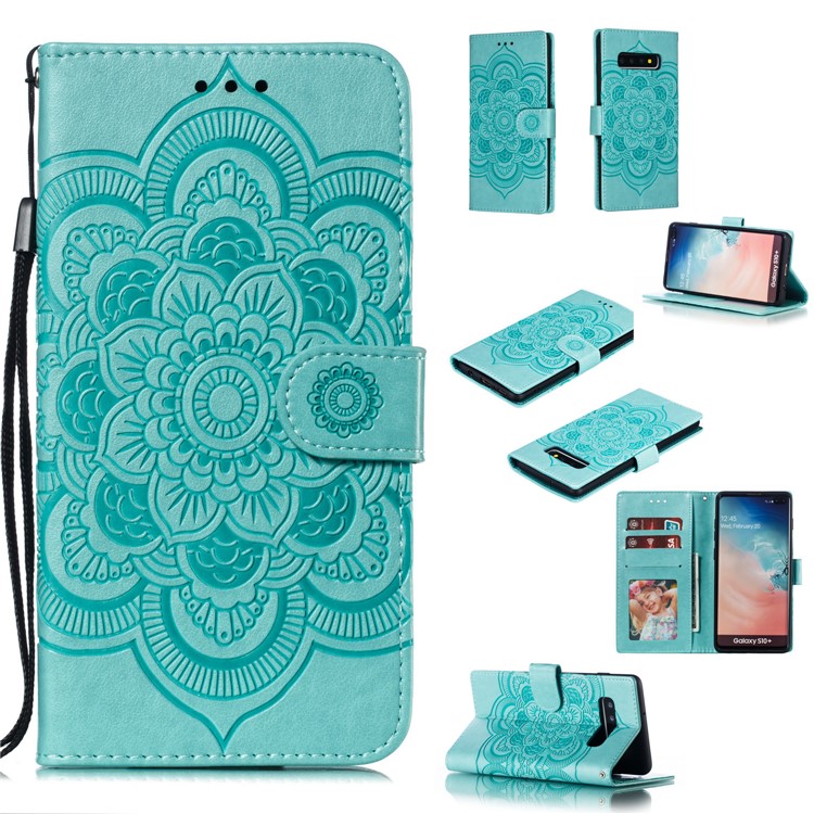 For Samsung Galaxy S10 Plus Imprint Mandala Flower Leather Wallet Case Phone Cover - Green-1