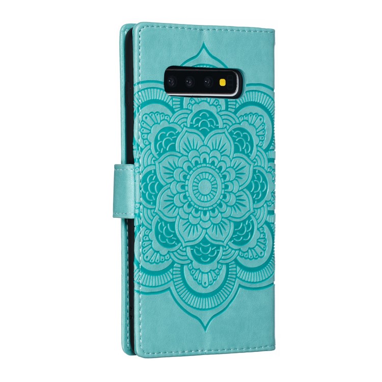 For Samsung Galaxy S10 Plus Imprint Mandala Flower Leather Wallet Case Phone Cover - Green-4