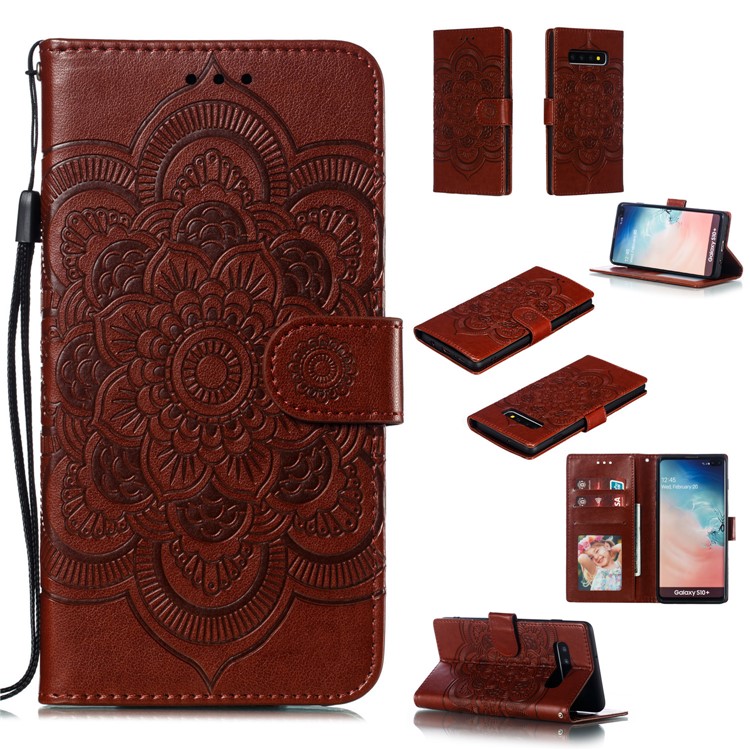 For Samsung Galaxy S10 Plus Imprint Mandala Flower Leather Wallet Case Phone Cover - Brown-1