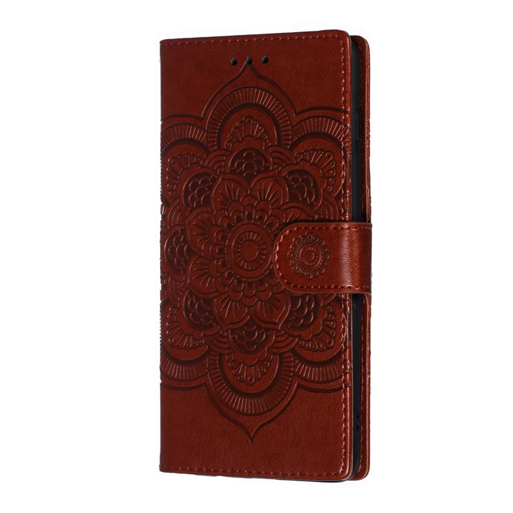For Samsung Galaxy S10 Plus Imprint Mandala Flower Leather Wallet Case Phone Cover - Brown-3