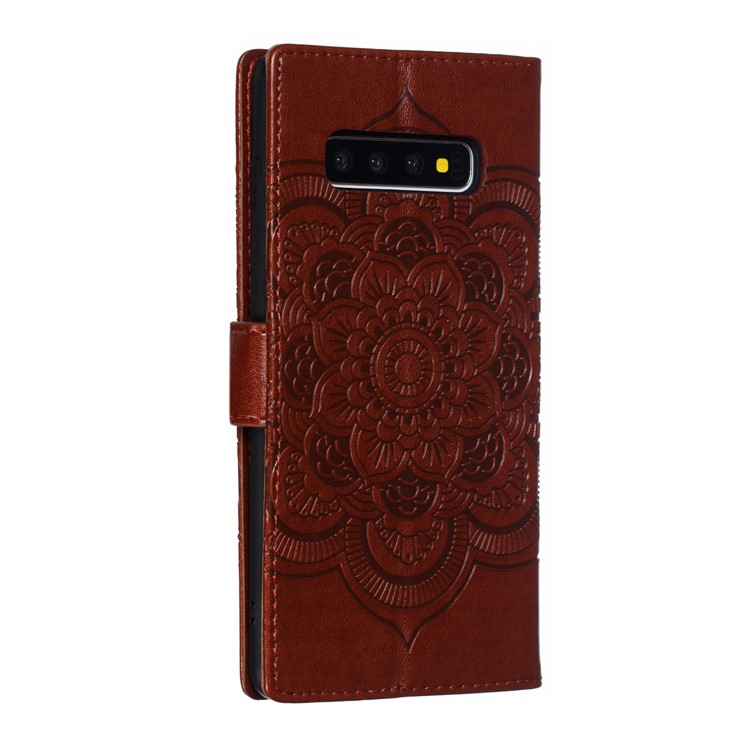 For Samsung Galaxy S10 Plus Imprint Mandala Flower Leather Wallet Case Phone Cover - Brown-4