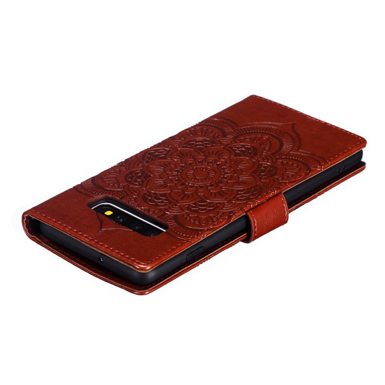 For Samsung Galaxy S10 Plus Imprint Mandala Flower Leather Wallet Case Phone Cover - Brown-6