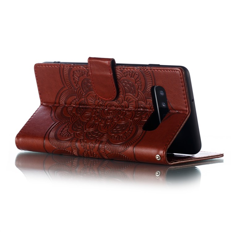 For Samsung Galaxy S10 Plus Imprint Mandala Flower Leather Wallet Case Phone Cover - Brown-7