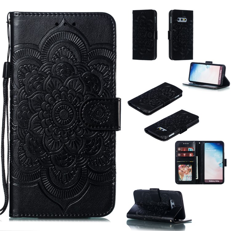 For Samsung Galaxy S10e Imprint Mandala Flower Leather Wallet Phone Cover Case - Black-1