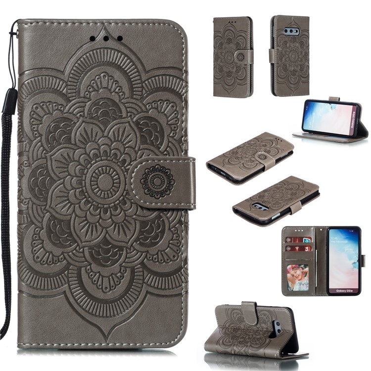 For Samsung Galaxy S10e Imprint Mandala Flower Leather Wallet Phone Cover Case - Grey-1