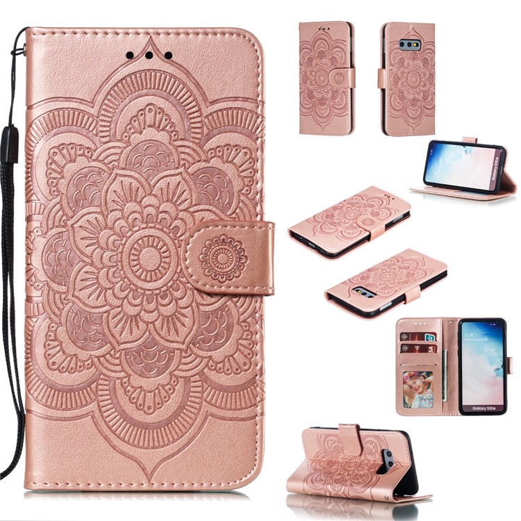 For Samsung Galaxy S10e Imprint Mandala Flower Leather Wallet Phone Cover Case - Rose Gold-1