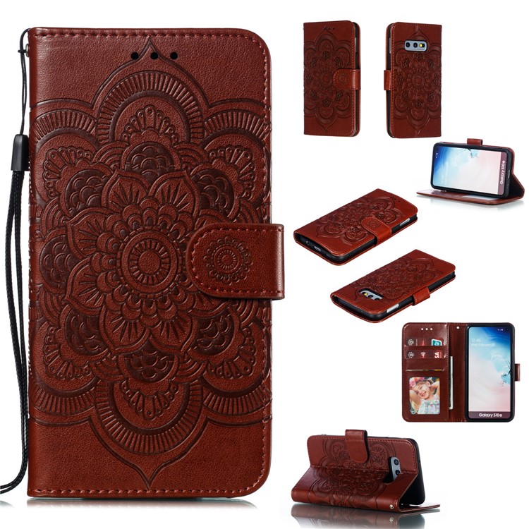 For Samsung Galaxy S10e Imprint Mandala Flower Leather Wallet Phone Cover Case - Brown-1