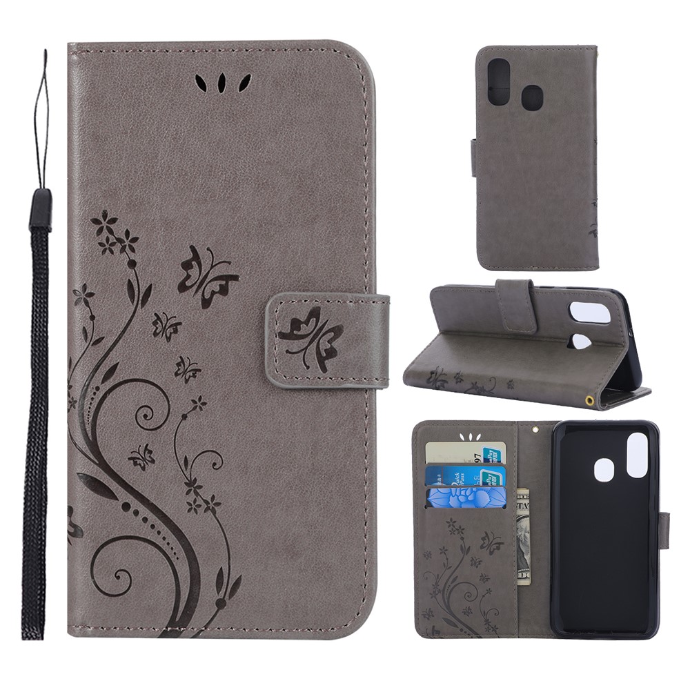 For Samsung Galaxy A40 Imprint Butterfly Flower Leather Wallet Case Cover Phone - Grey-1