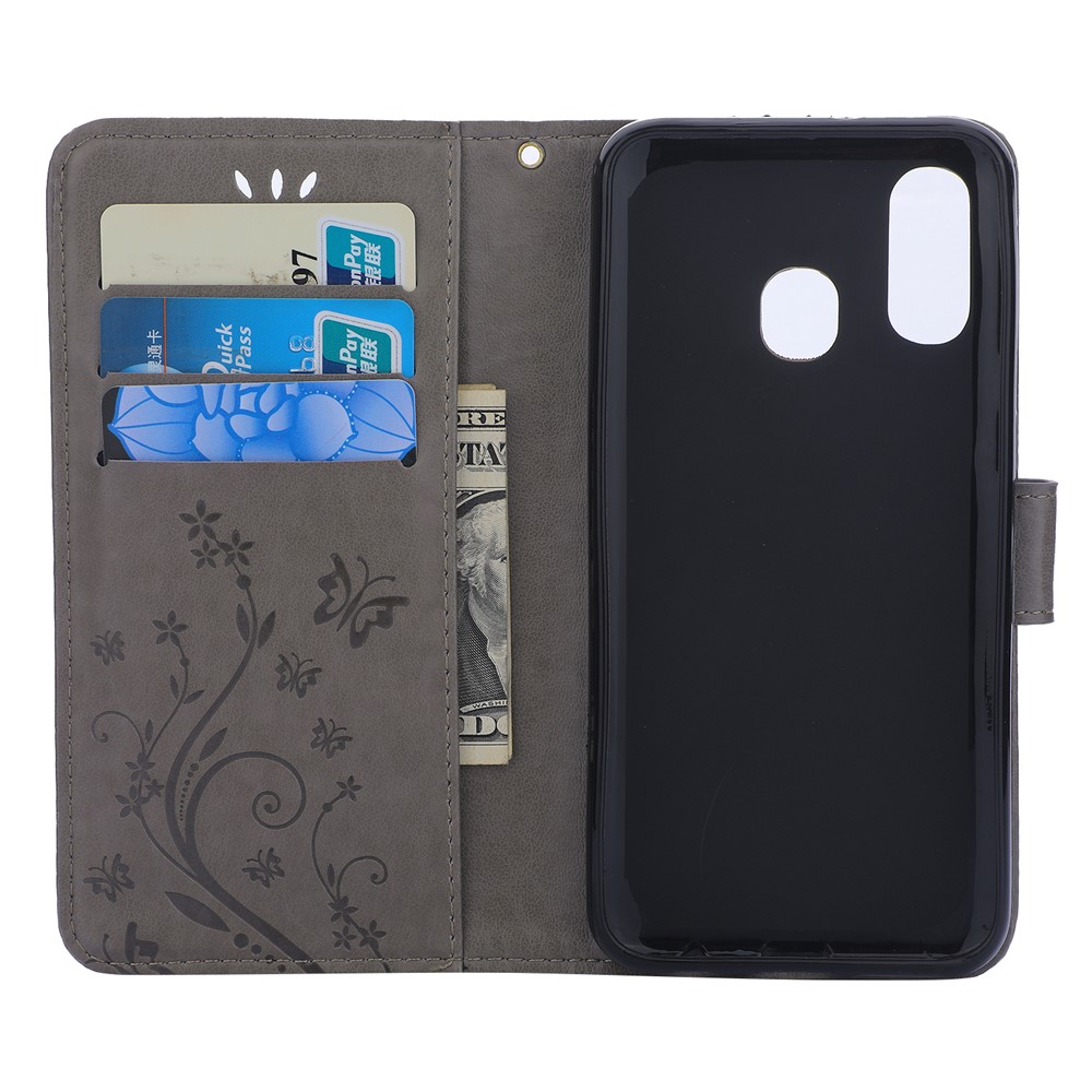 For Samsung Galaxy A40 Imprint Butterfly Flower Leather Wallet Case Cover Phone - Grey-3