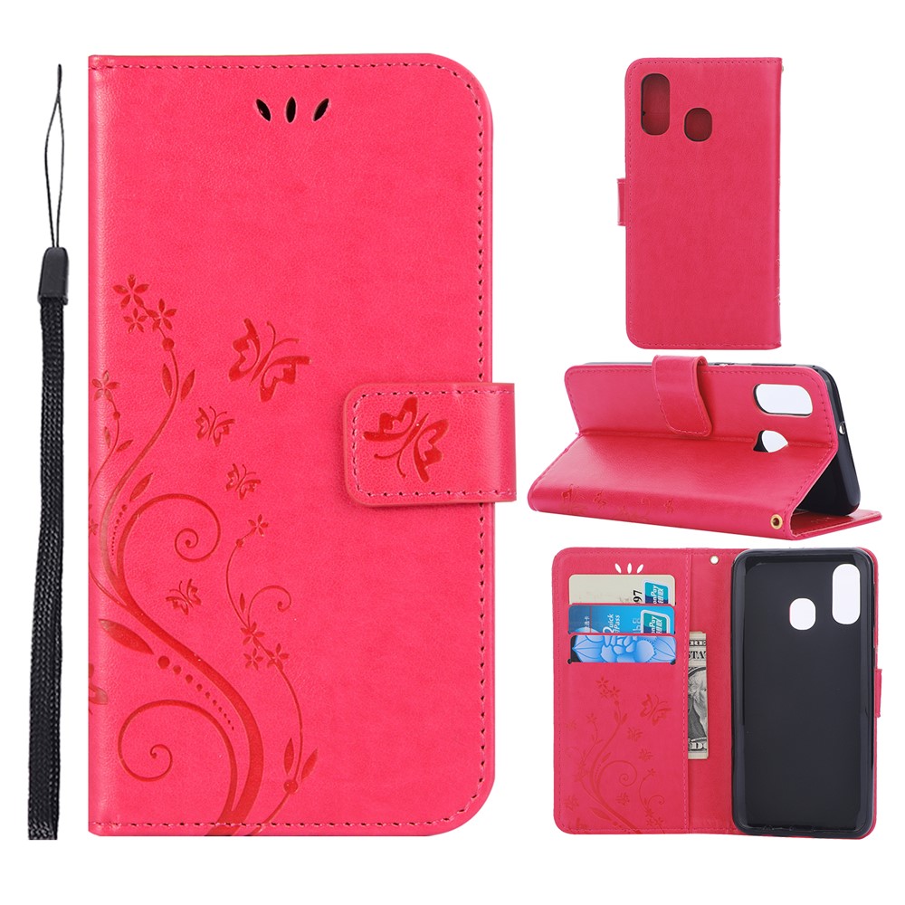For Samsung Galaxy A40 Imprint Butterfly Flower Leather Wallet Case Cover Phone - Rose-1