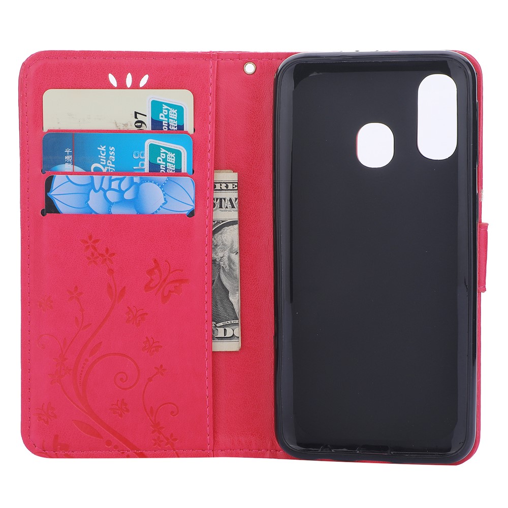For Samsung Galaxy A40 Imprint Butterfly Flower Leather Wallet Case Cover Phone - Rose-3