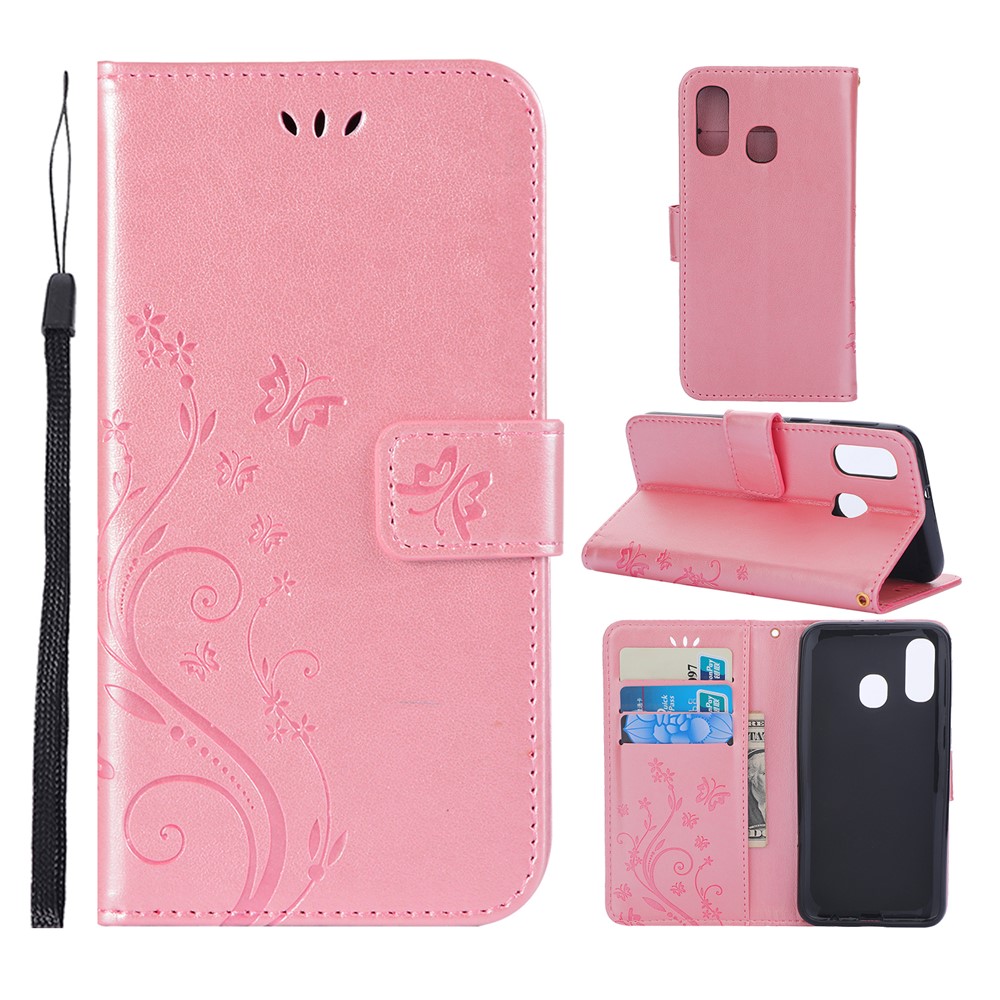 For Samsung Galaxy A40 Imprint Butterfly Flower Leather Wallet Case Cover Phone - Pink-1